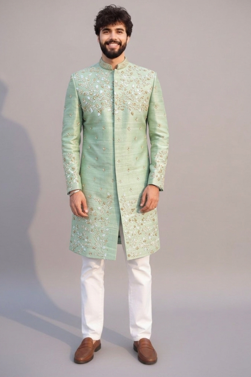 Green colour embroidered designer sherwani