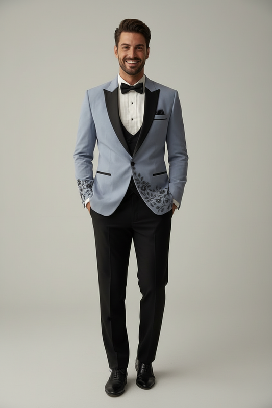 Grey Floral embroidered Tuxedo with Trousers