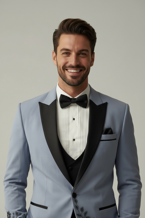 Grey Floral embroidered Tuxedo with Trousers