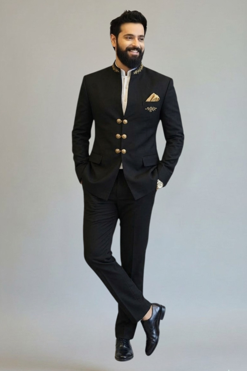 Men’s Black Jodhpuri with Gold Embroidery – Designer Wedding & Reception Outfit