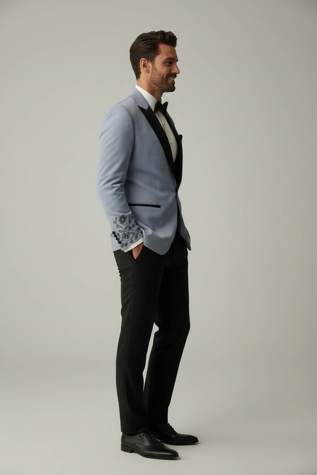 Grey Floral embroidered Tuxedo with Trousers