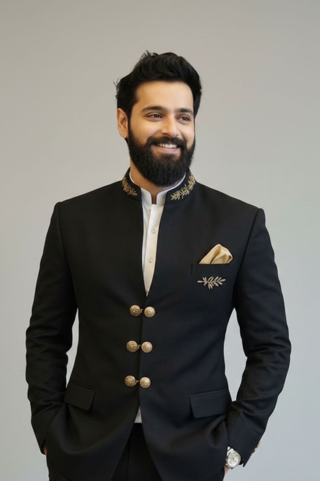 Man wearing a black suit with gold accents against a plain background