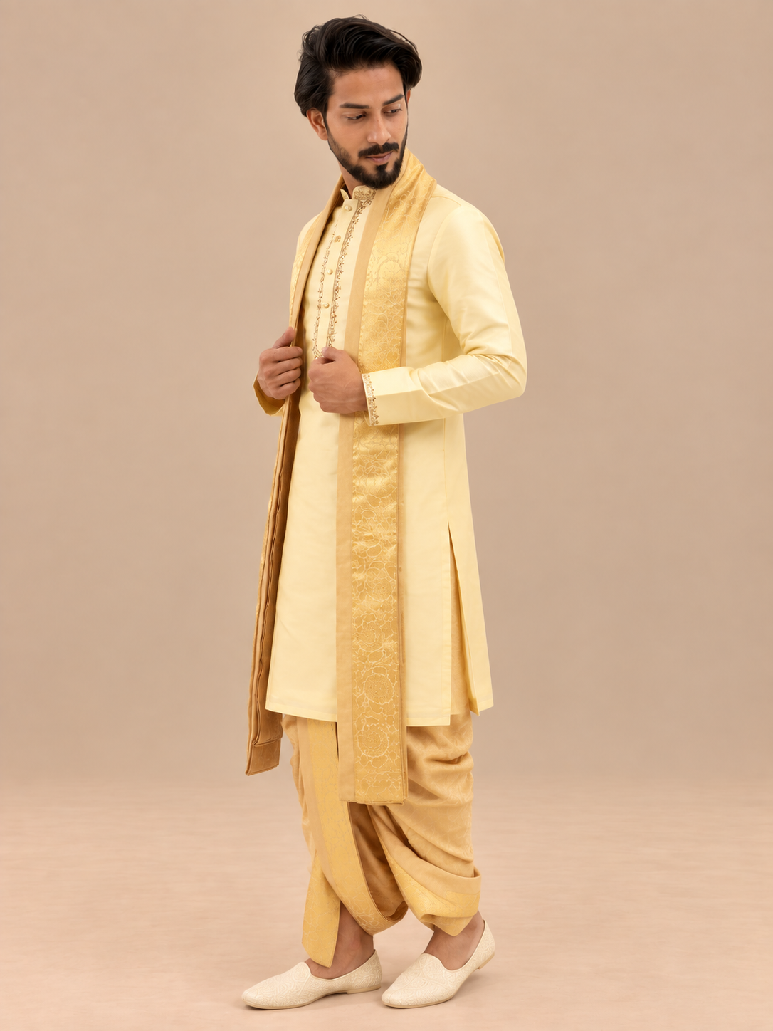 Cream gold semi pattu pancha set with zari work
