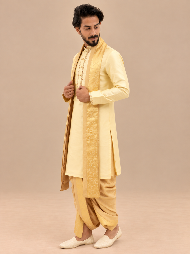 Cream gold semi pattu pancha set with zari work