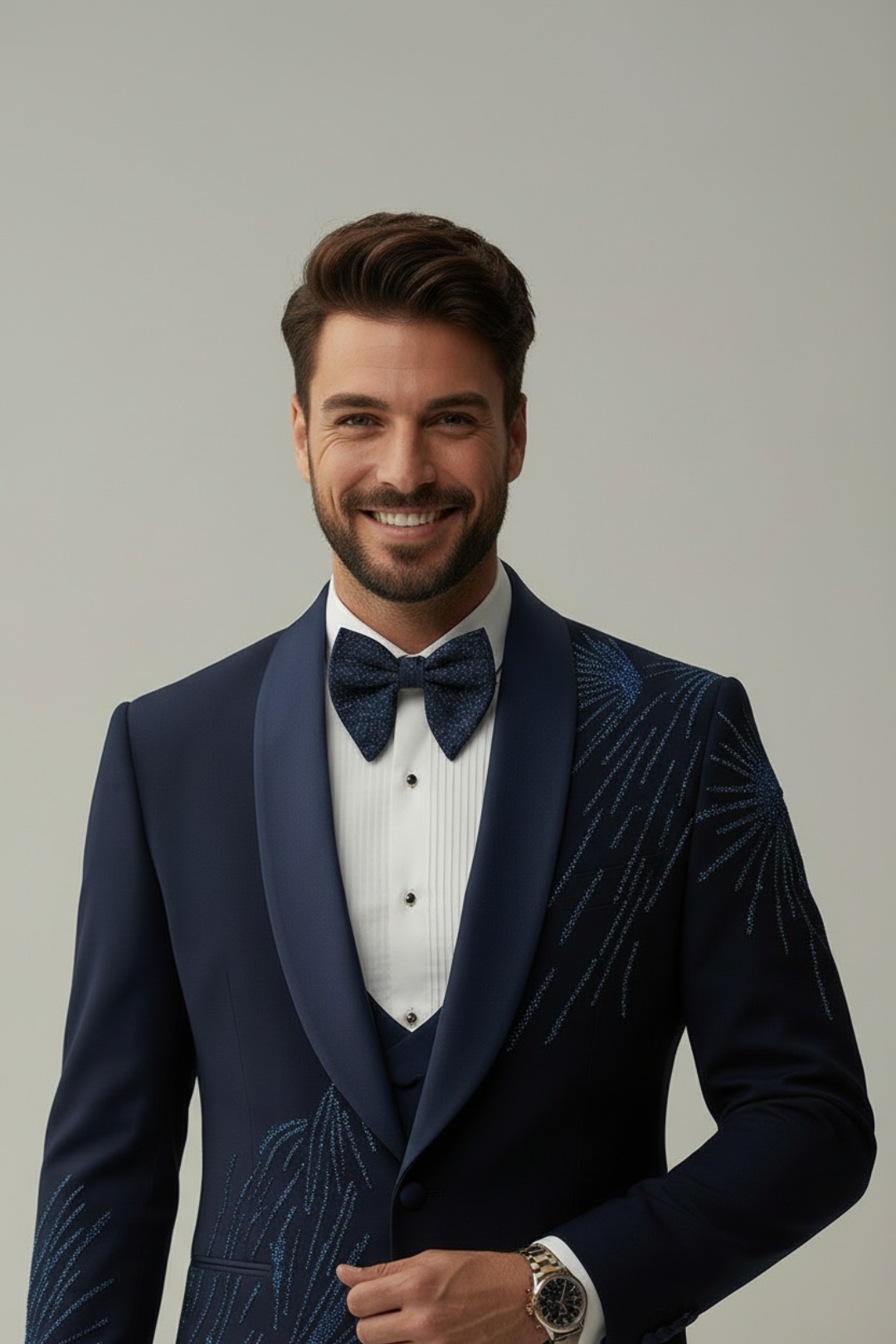 Man wearing a navy blue tuxedo with a bow tie against a plain background