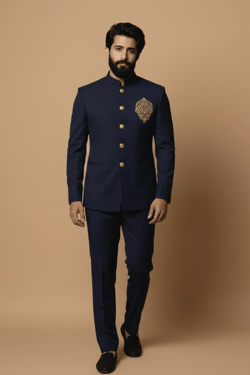 Men’s Navy Blue Jodhpuri with Gold Embroidery – Designer Wedding & Reception Outfit