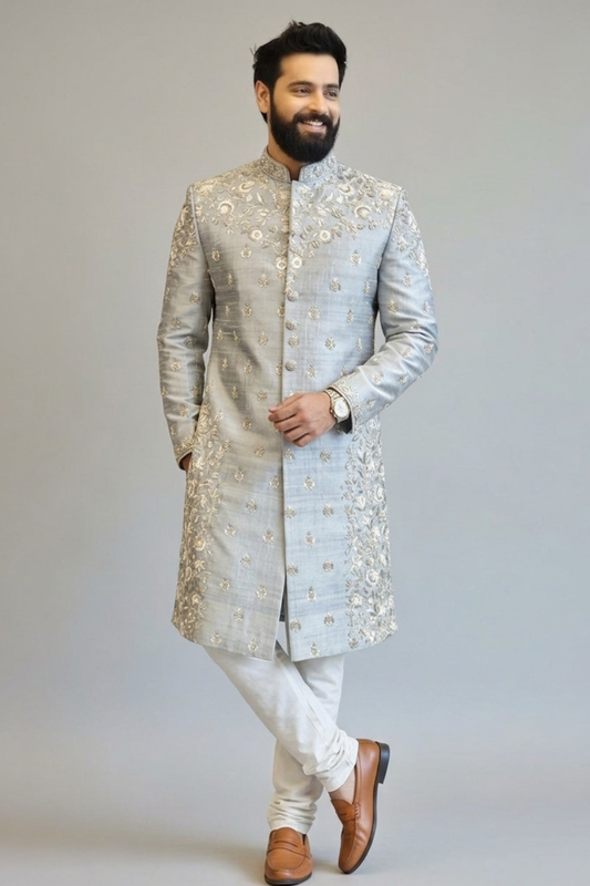 Light grey heavy maggam work sherwani
