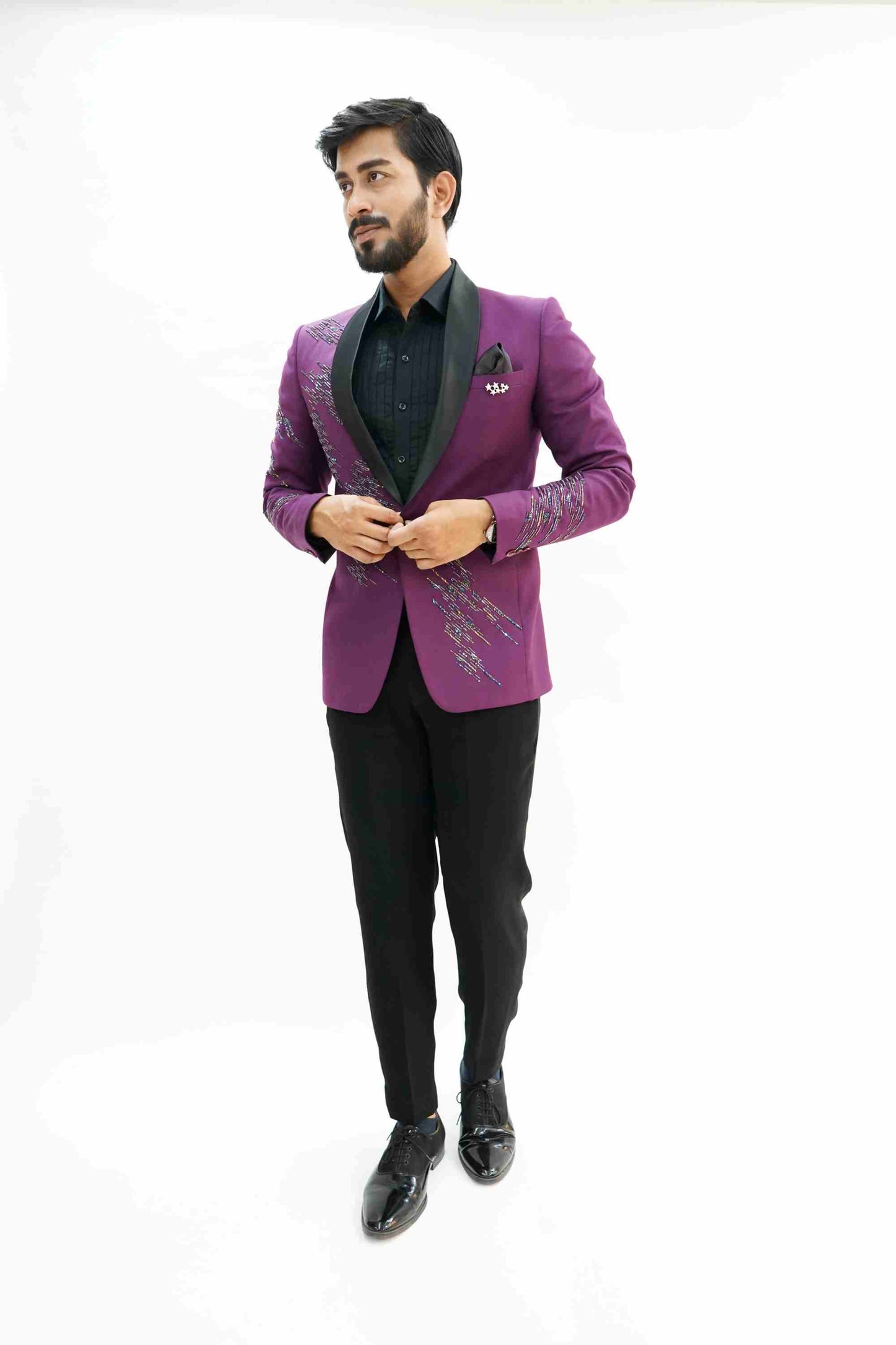 Plum Purple Shawl Lapel Embellished Tuxedo