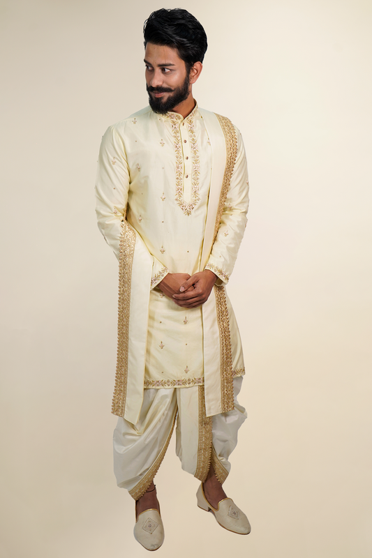 Yellow Cream all Over Embroided Pure Pattu Kurta Set