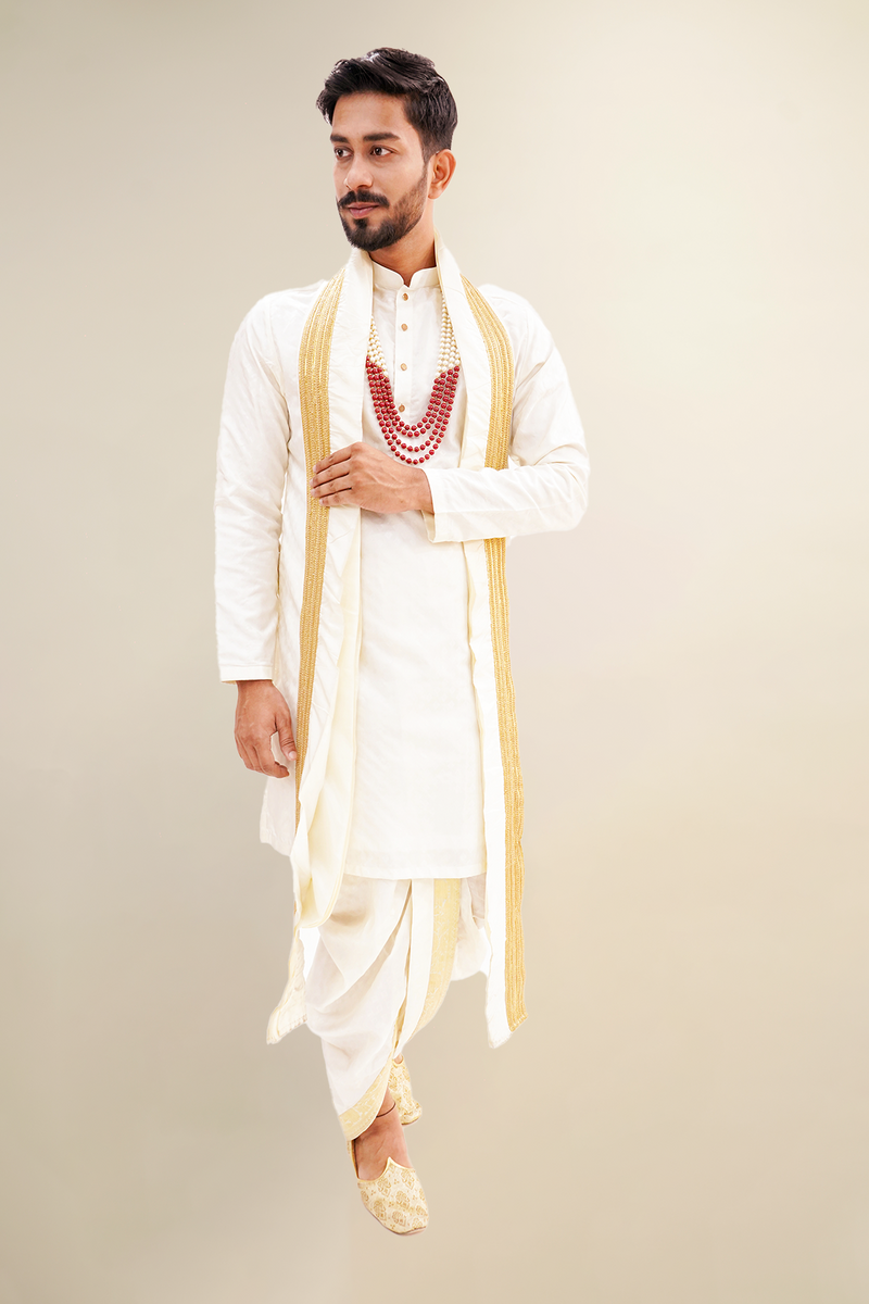 Royal White Kurta Set with Golden Stole