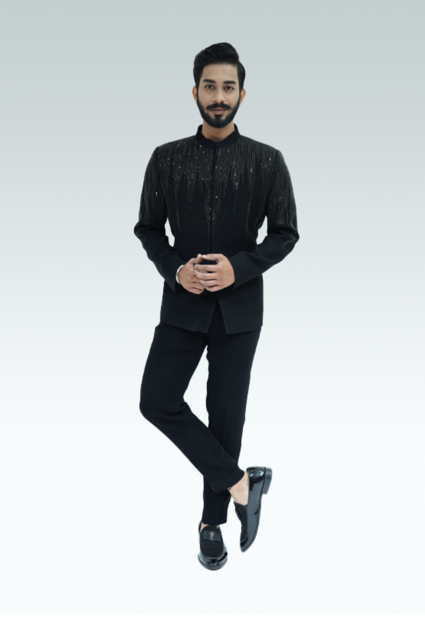 Black Embellished Italian Wood Crepe Jodhpuri