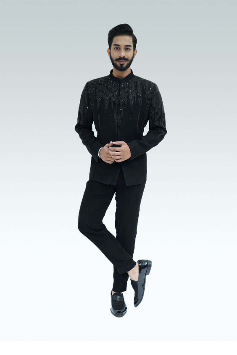 Men’s Black Sequined Indo-Western Suit – Luxury Designer Party & Wedding Wear