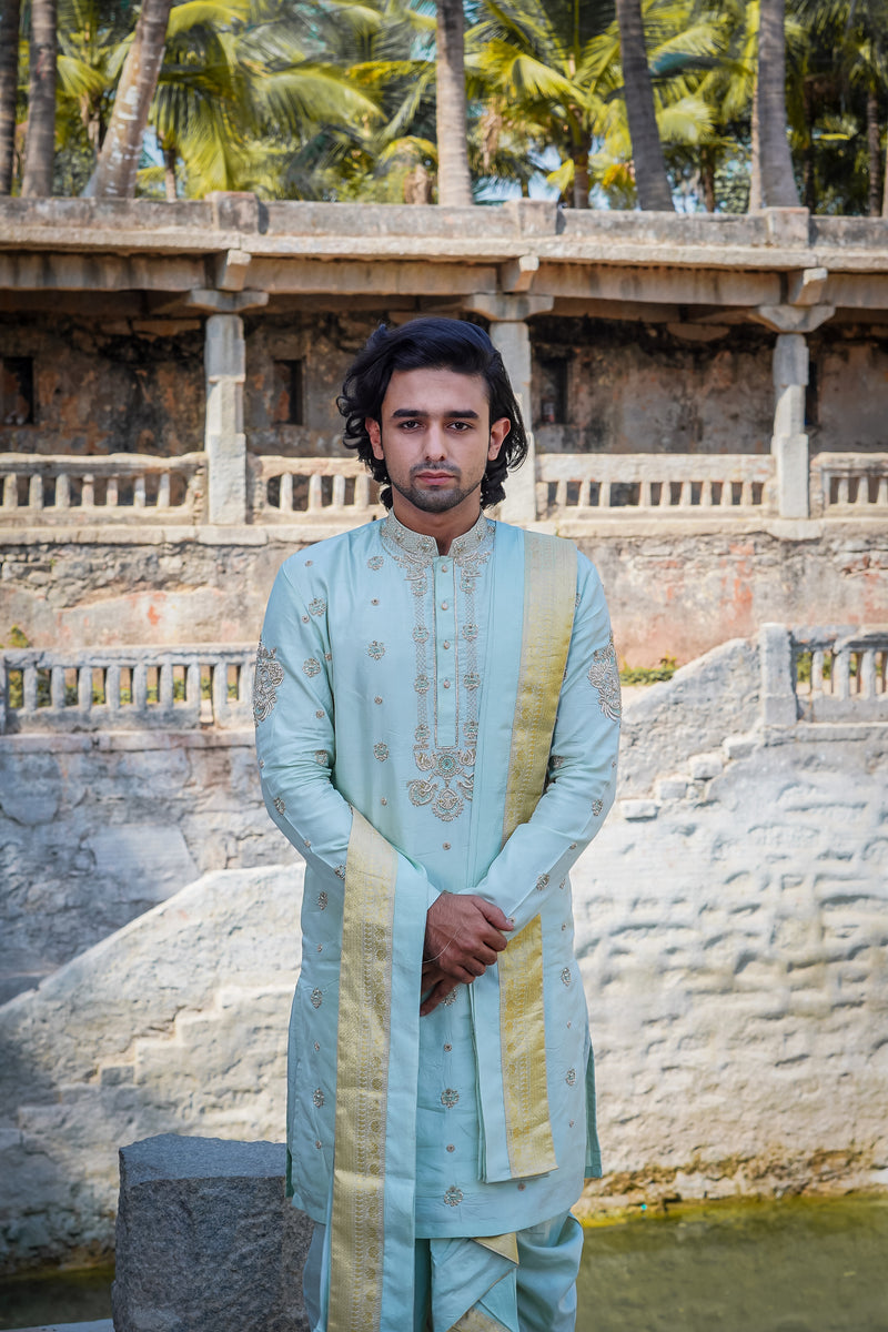 Men’s Mint Green Peacock Arch Pattu Sherwani Set with Dhoti & Dupatta – Traditional Wedding Wear