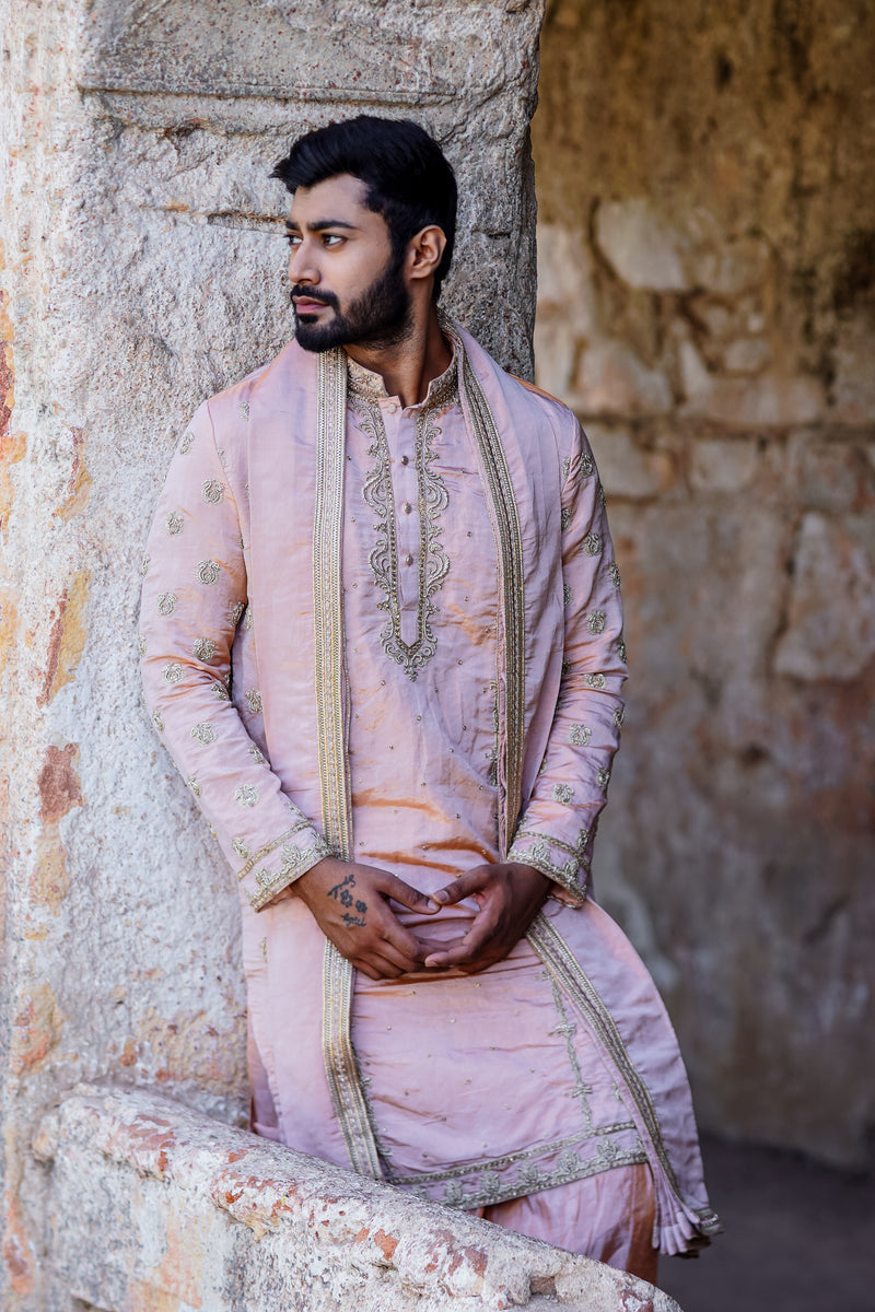 Men’s Dusty Pink Silk Sherwani Set with Embroidered Dupatta – Designer Wedding & Festive Wear