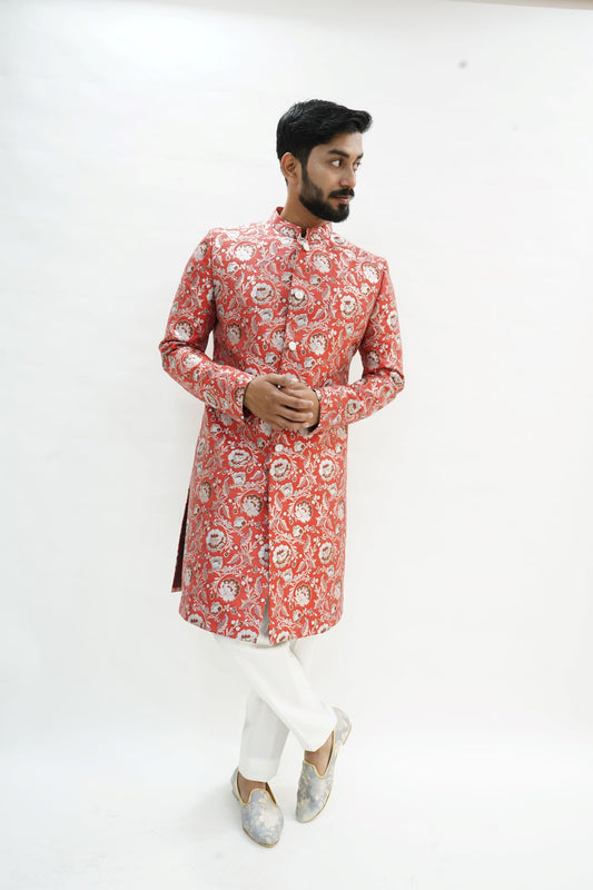 Red and Silver Brocade Indo-Western