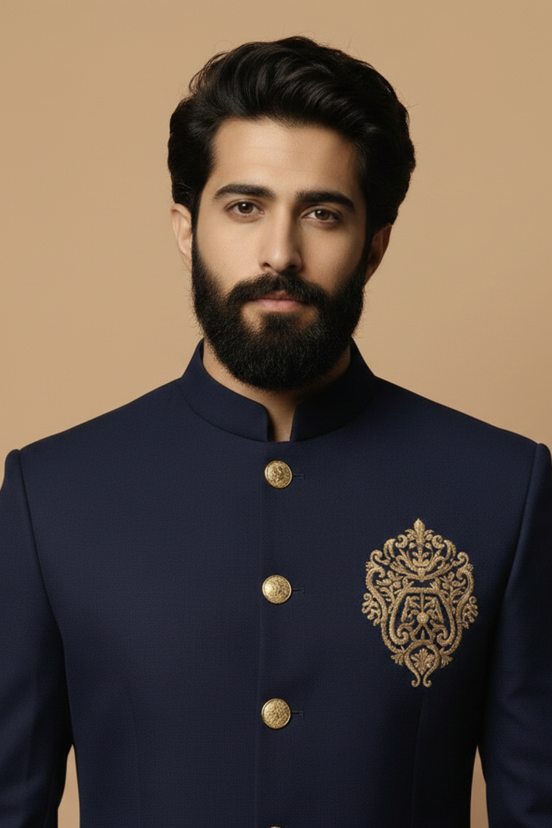 Man wearing a dark blue embroidered jacket with gold buttons on a beige background