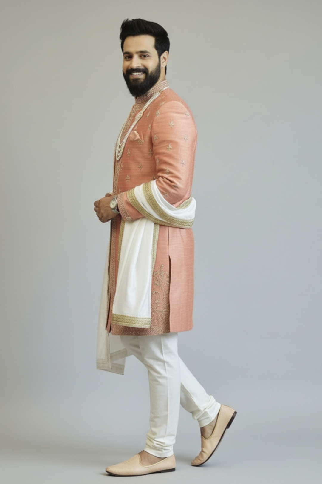 Peach Embroidered Kurta Set for Men with Dupatta – Wedding & Festive Wear