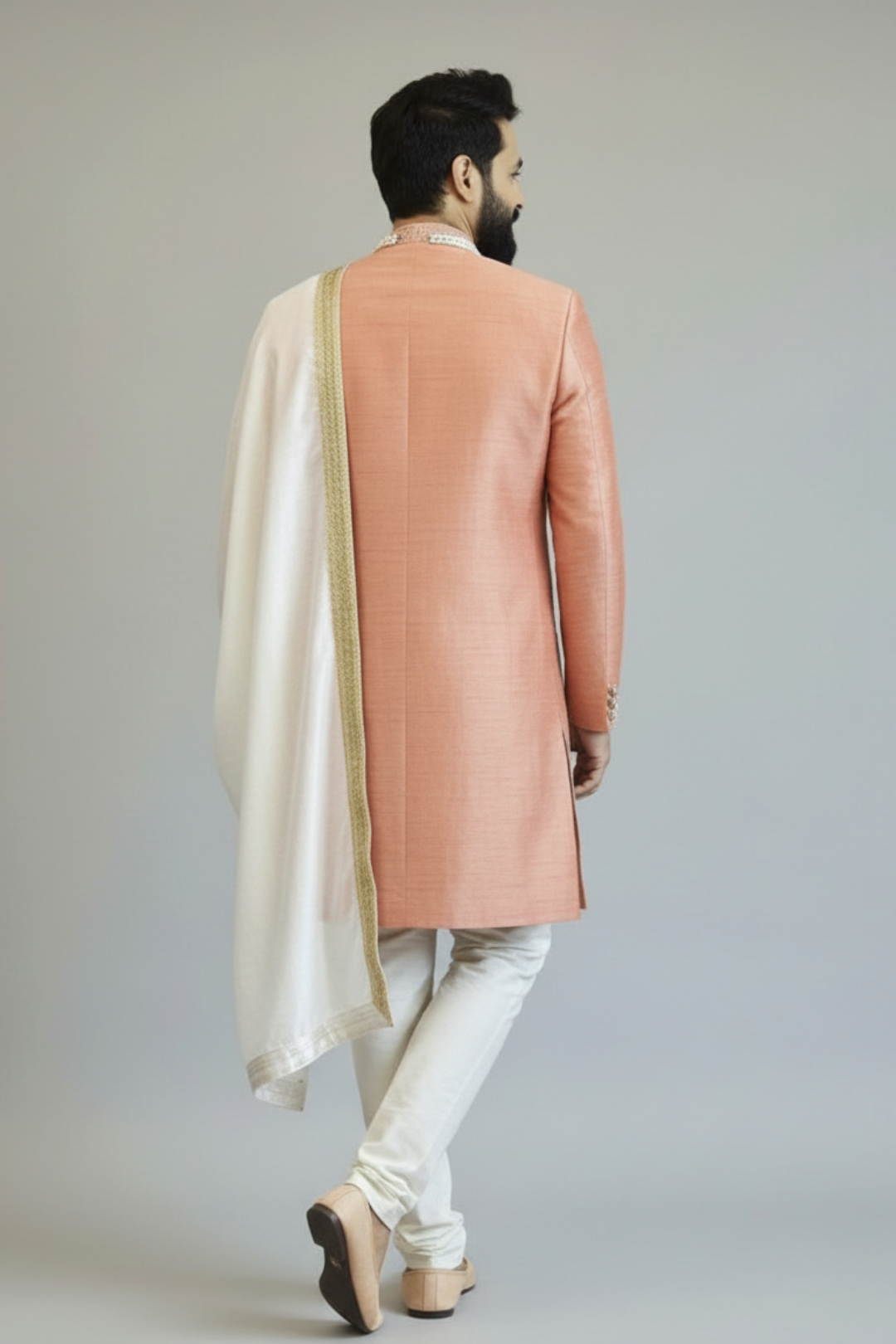 Peach Embroidered Kurta Set for Men with Dupatta – Wedding & Festive Wear