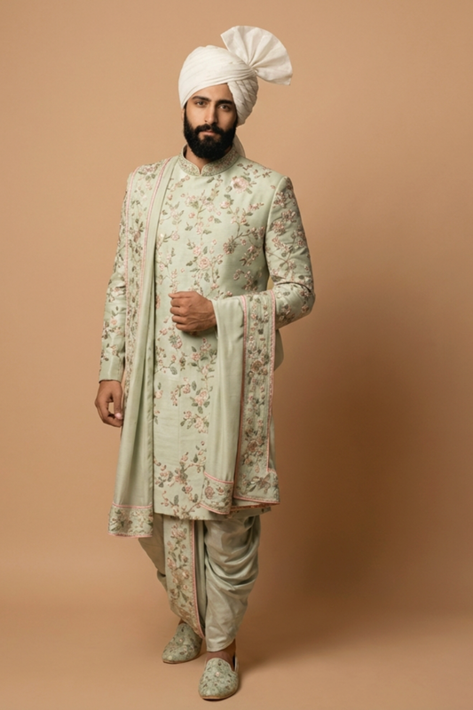 Mint Green Floral Sherwani with Dhoti Set for Men – Royal Wedding & Groom Wear
