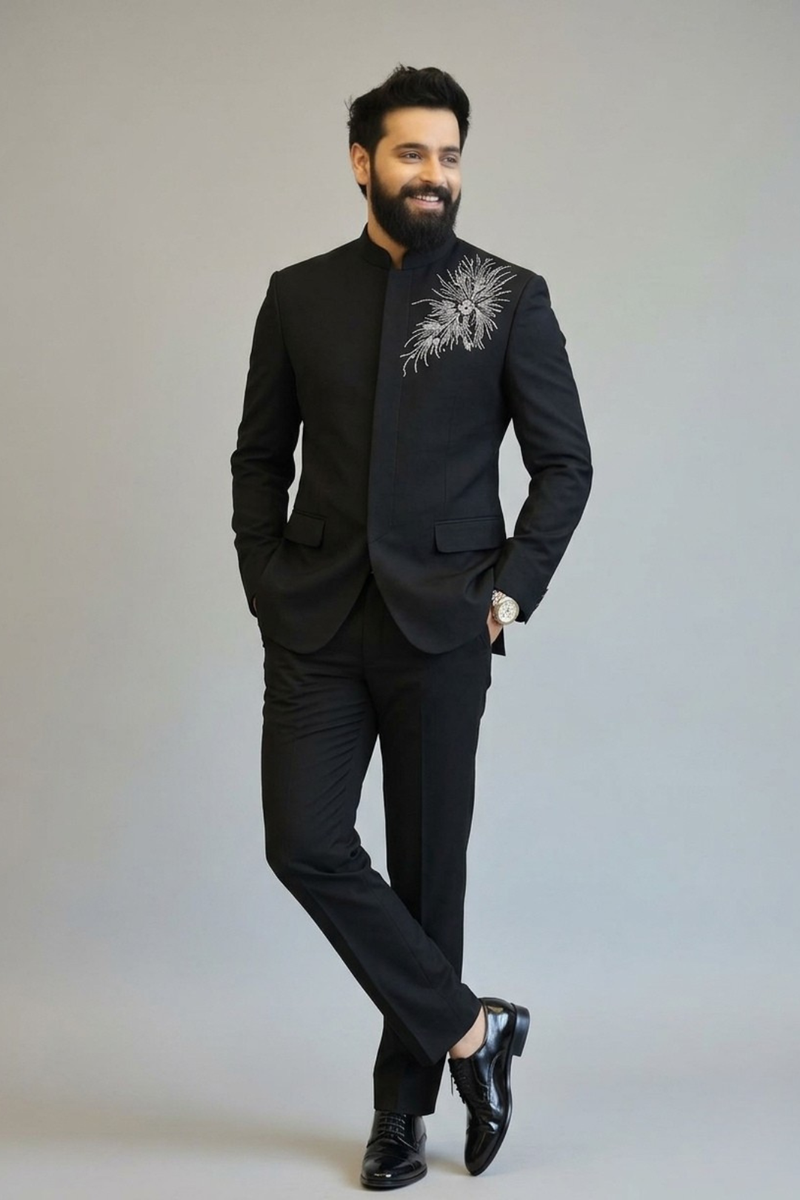 Men’s Black Jodhpuri with Silver Embroidery – Designer Wedding & Reception Outfit