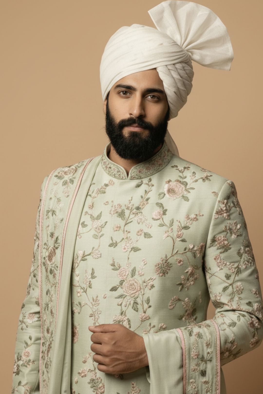 Mint Green Floral Sherwani with Dhoti Set for Men – Royal Wedding & Groom Wear