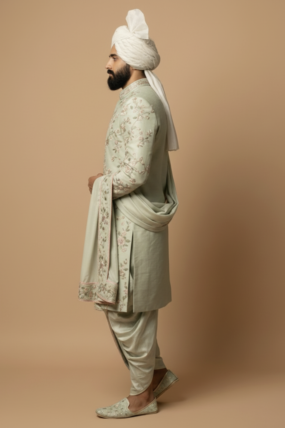 Mint Green Floral Sherwani with Dhoti Set for Men – Royal Wedding & Groom Wear