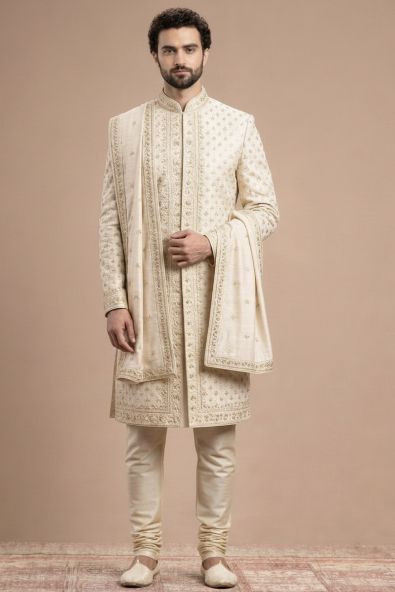 Cream Embroidered Sherwani for Men with Dupatta – Royal Wedding & Groom Wear