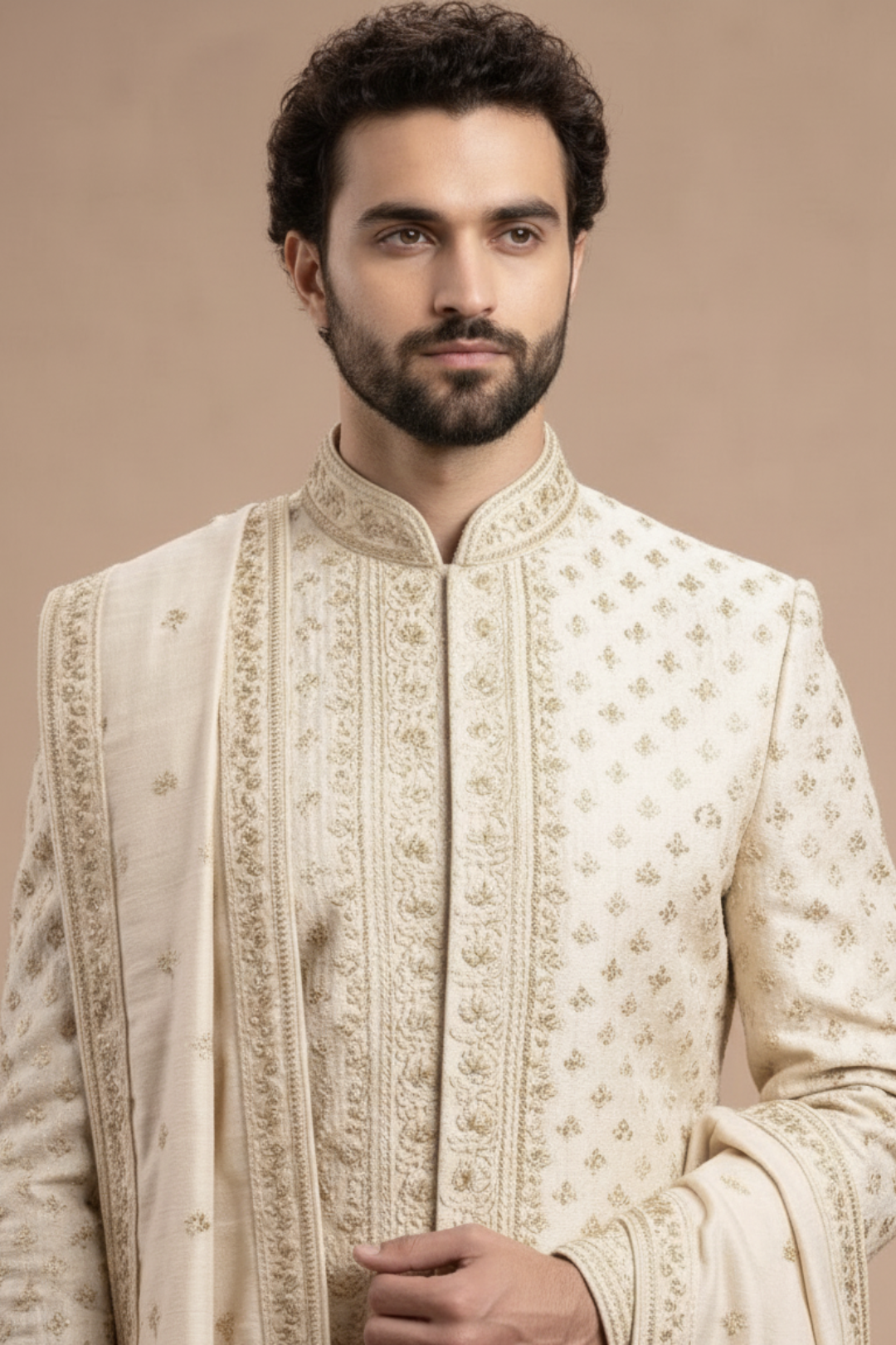 Cream Embroidered Sherwani for Men with Dupatta – Royal Wedding & Groom Wear