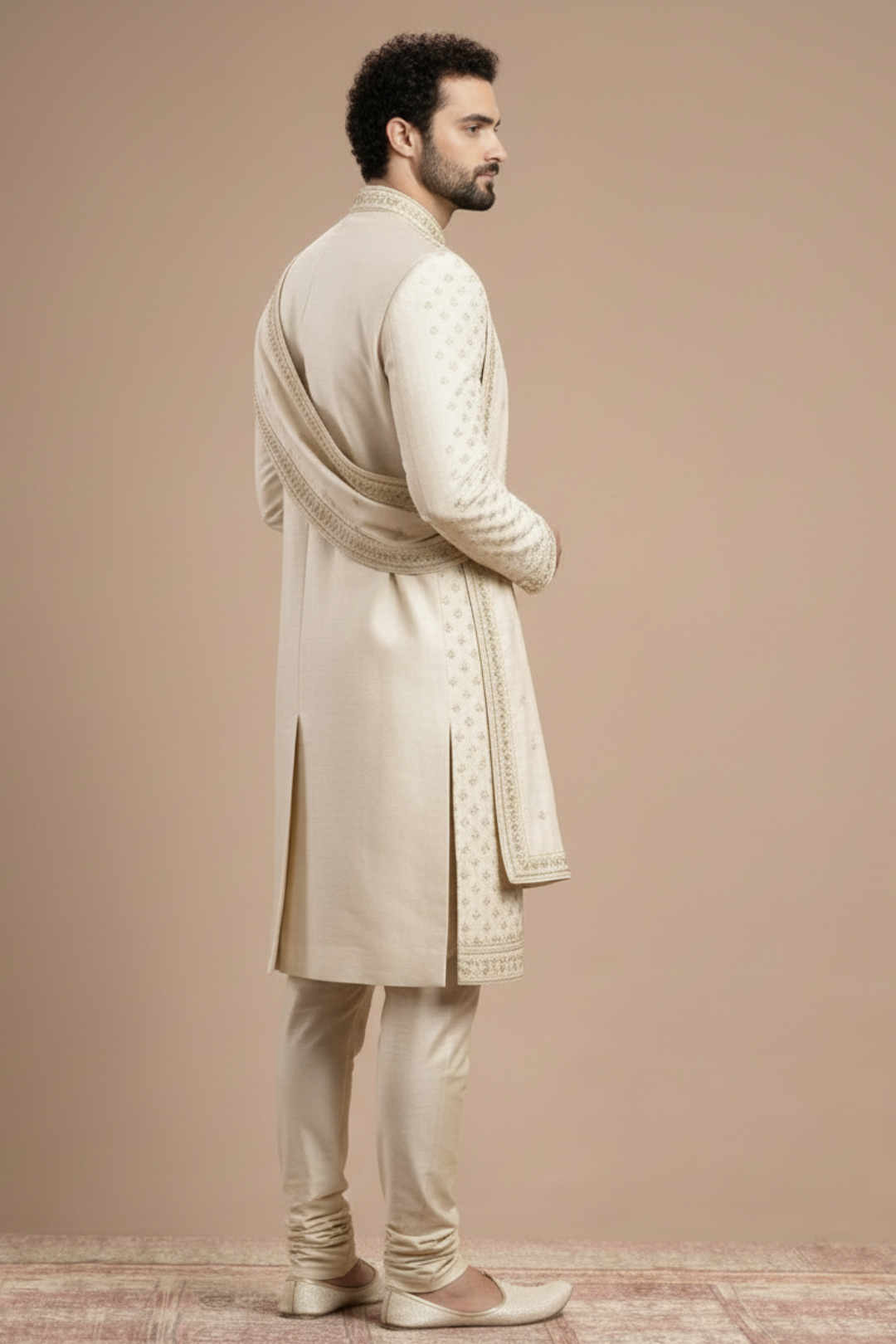 Cream Embroidered Sherwani for Men with Dupatta – Royal Wedding & Groom Wear