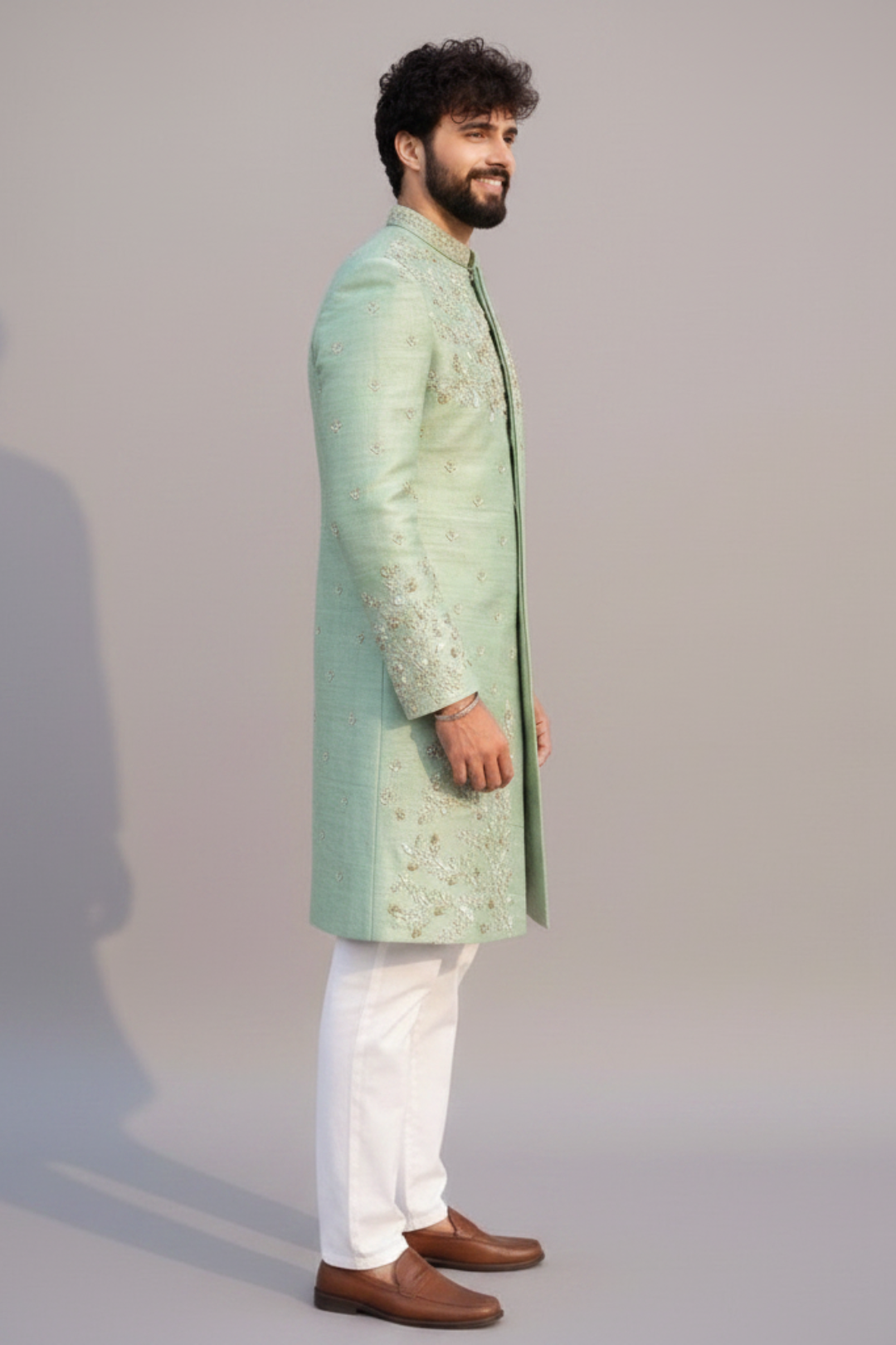 Green colour embroidered designer sherwani