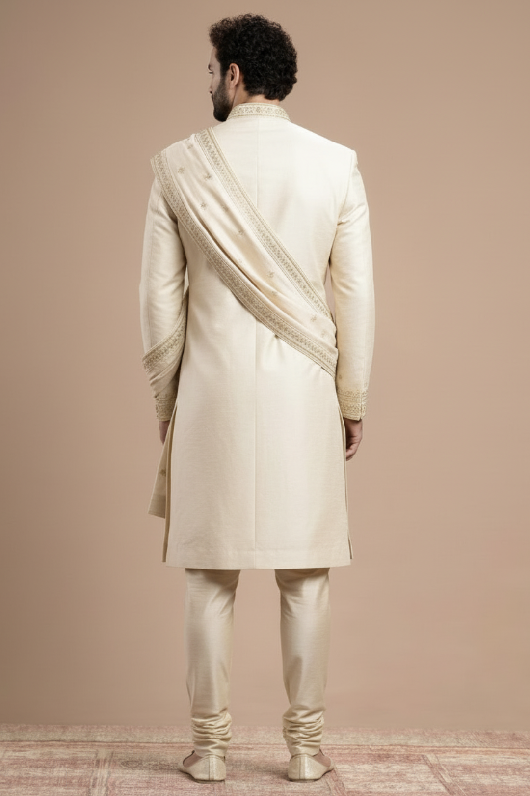Cream Embroidered Sherwani for Men with Dupatta – Royal Wedding & Groom Wear