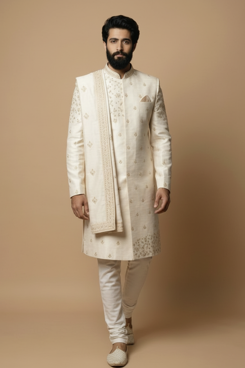 Ivory Embroidered Sherwani for Men with Dupatta – Luxury Wedding & Groom Wear