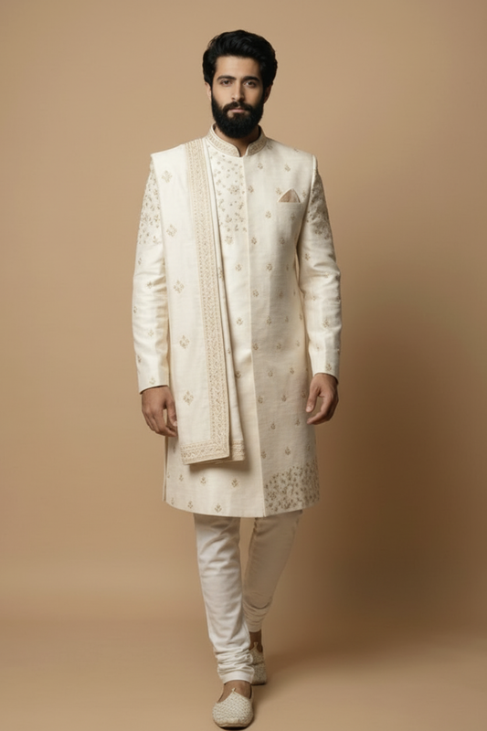 Ivory Embroidered Sherwani for Men with Dupatta – Luxury Wedding & Groom Wear