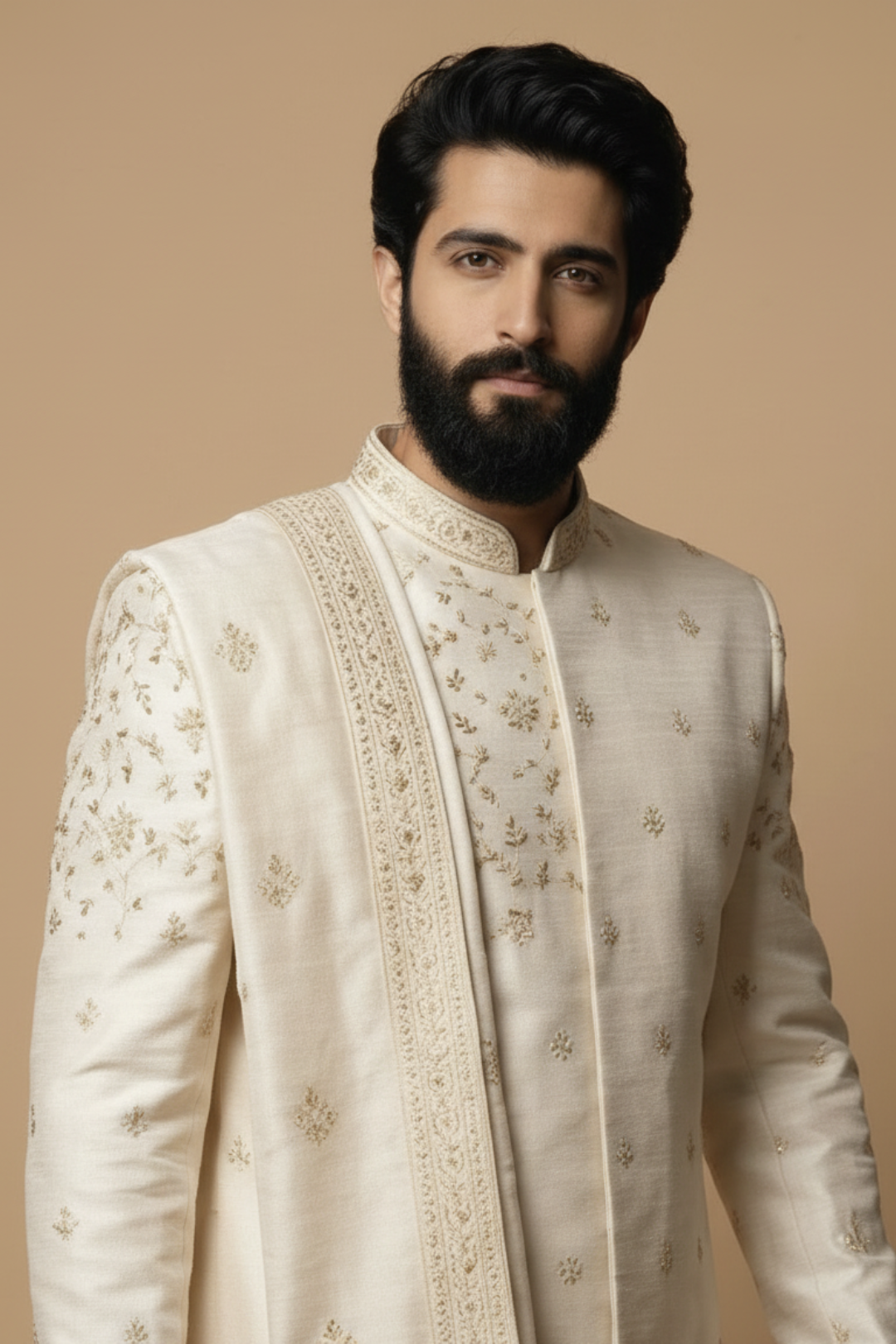 Ivory Embroidered Sherwani for Men with Dupatta – Luxury Wedding & Groom Wear