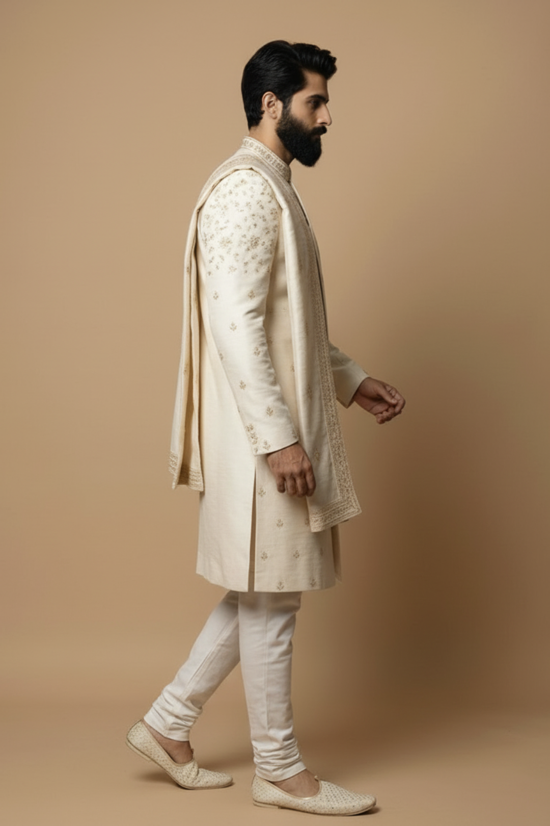 Ivory Embroidered Sherwani for Men with Dupatta – Luxury Wedding & Groom Wear