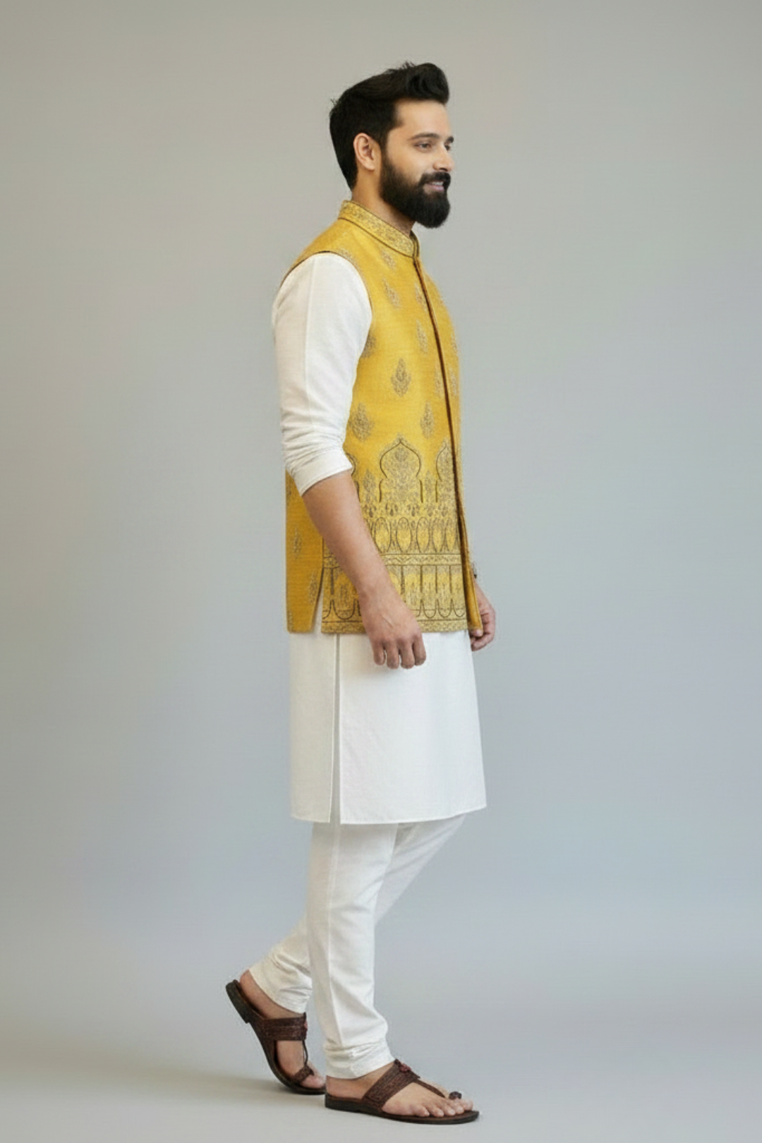 Man wearing a yellow embroidered vest over a white kurta with white pants on a gray background