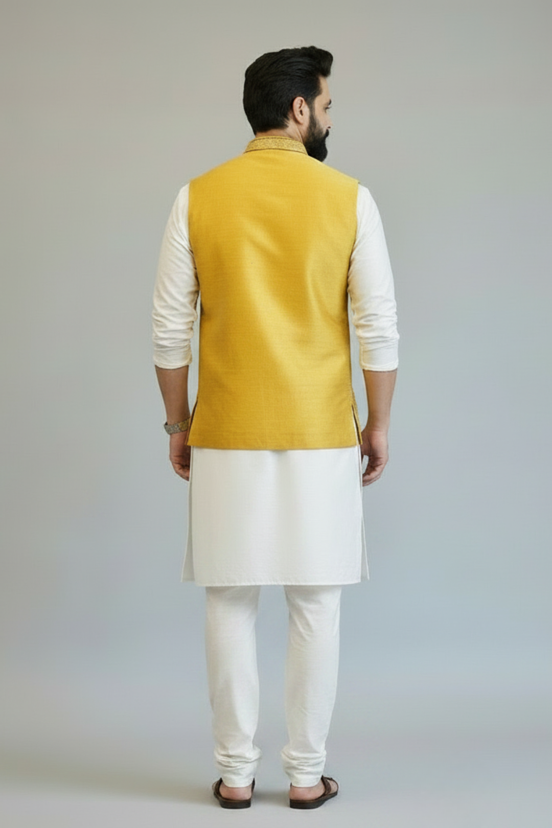 Man wearing a yellow embroidered vest over a white kurta with white pants on a gray background