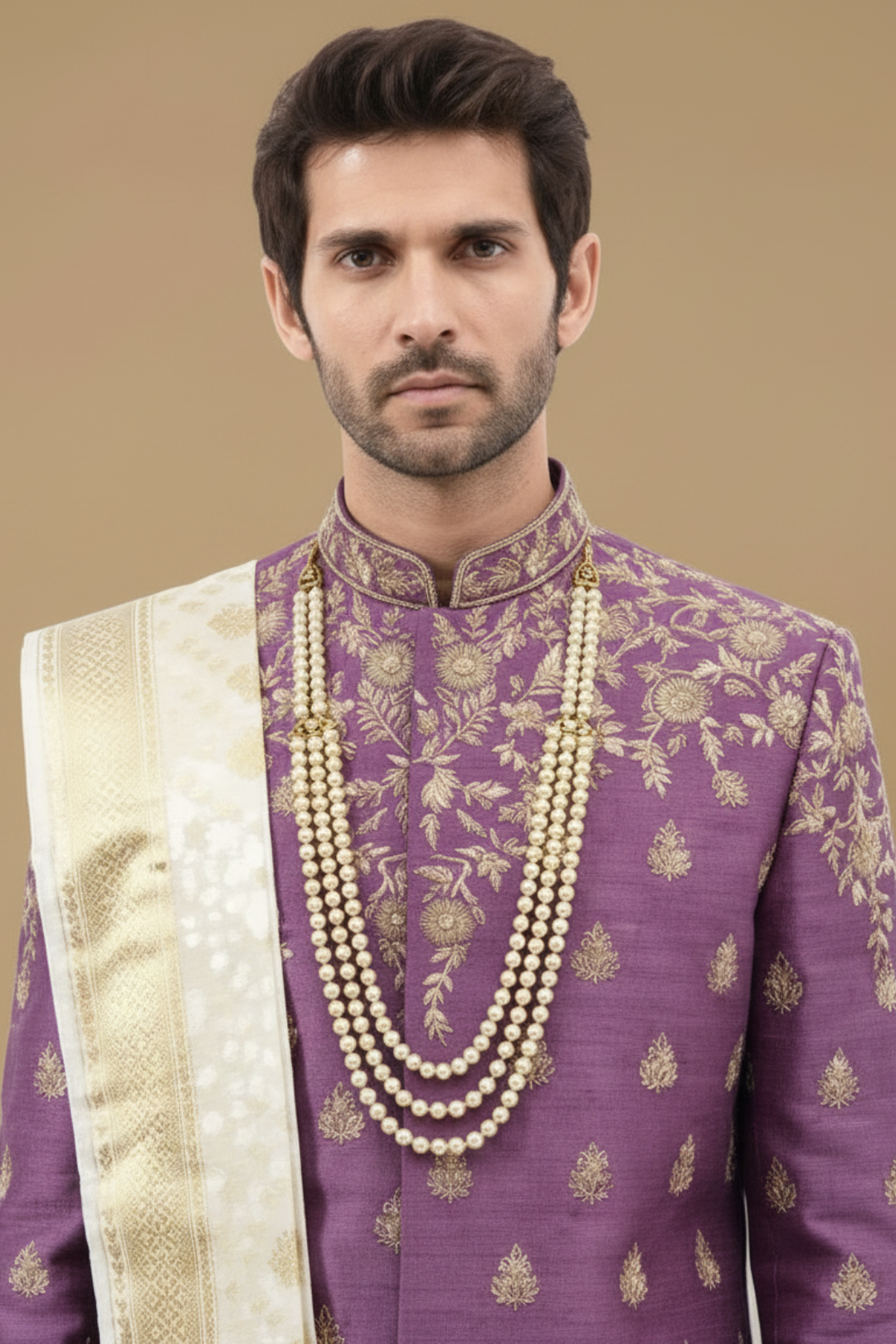 Man wearing a purple embroidered sherwani with a white stole against a beige background