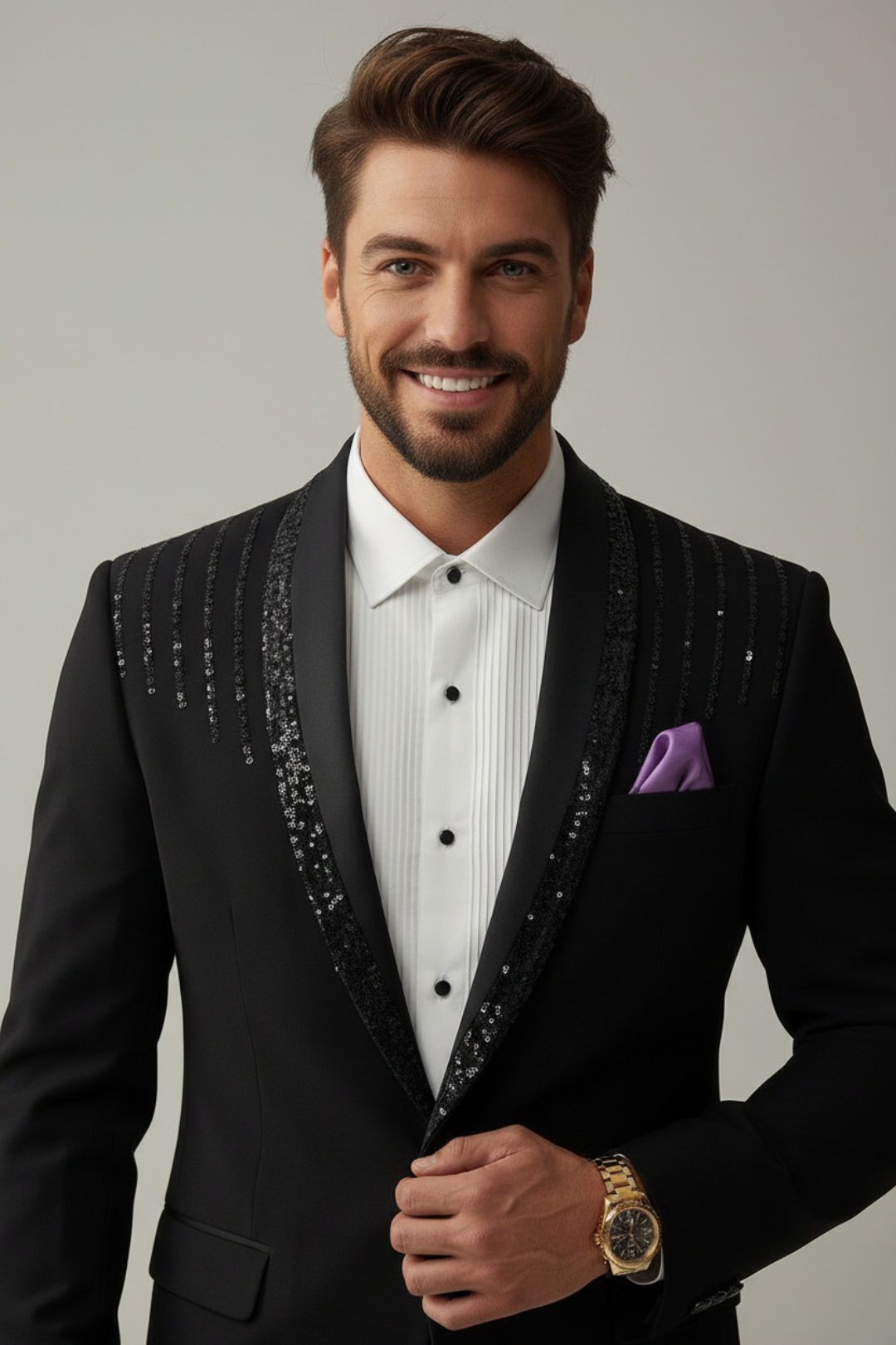 Man wearing a black tuxedo with a white shirt and purple pocket square against a gray background