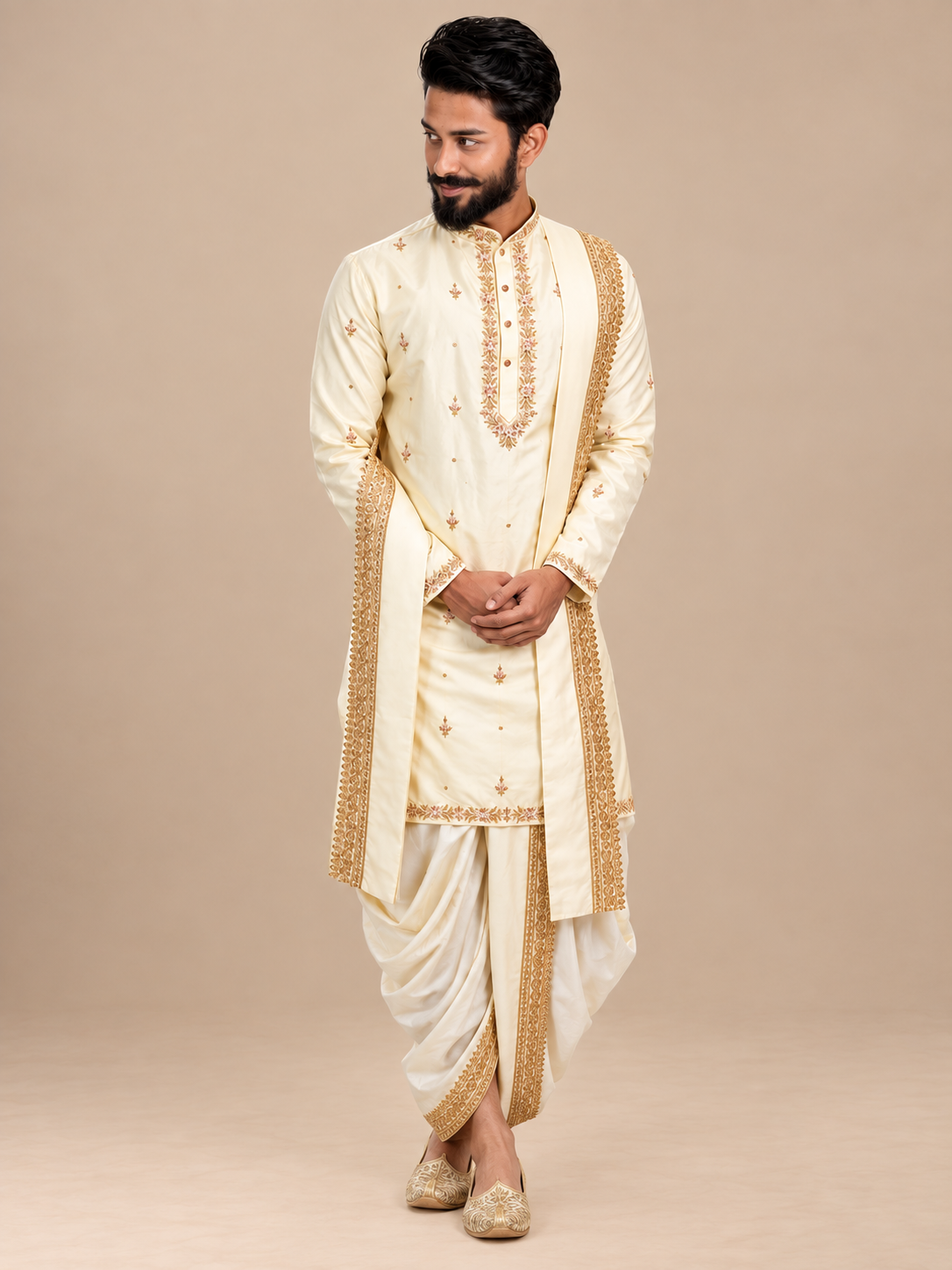 Royal Cream Embroidered Kurta Set with Dhoti & Designer Stole