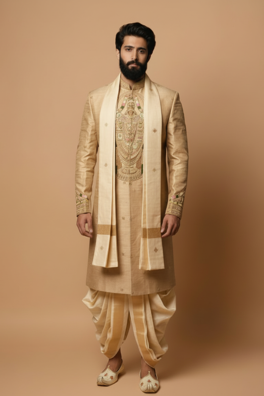 Gold Traditional Sherwani with Dhoti Set for Men – Royal Wedding & Groom Wear