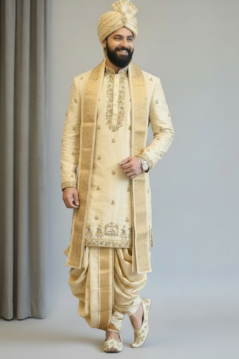 Ivory Pattu Pancha with Temple & Floral Zari Embroidery – Traditional South Indian Groom Wedding Wear
