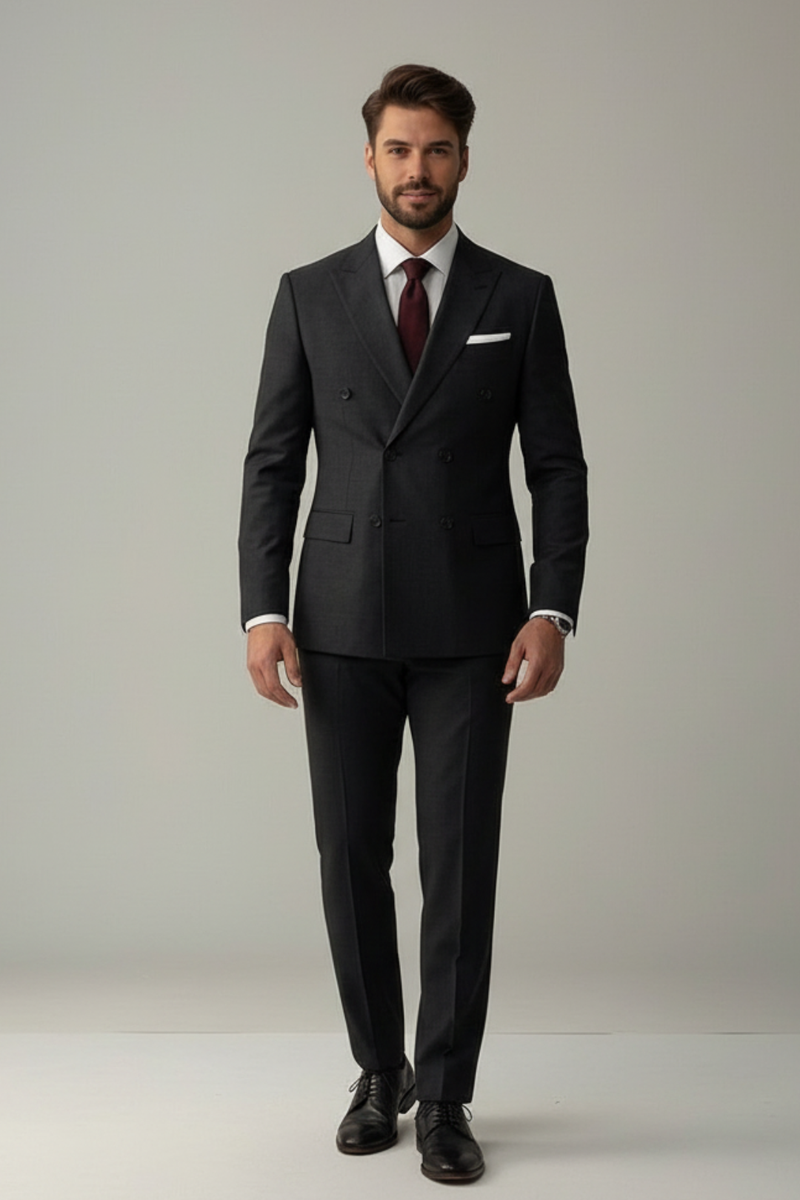 Charcoal Black Double Breasted Suit for Men – Premium Slim Fit Wedding & Formal Wear