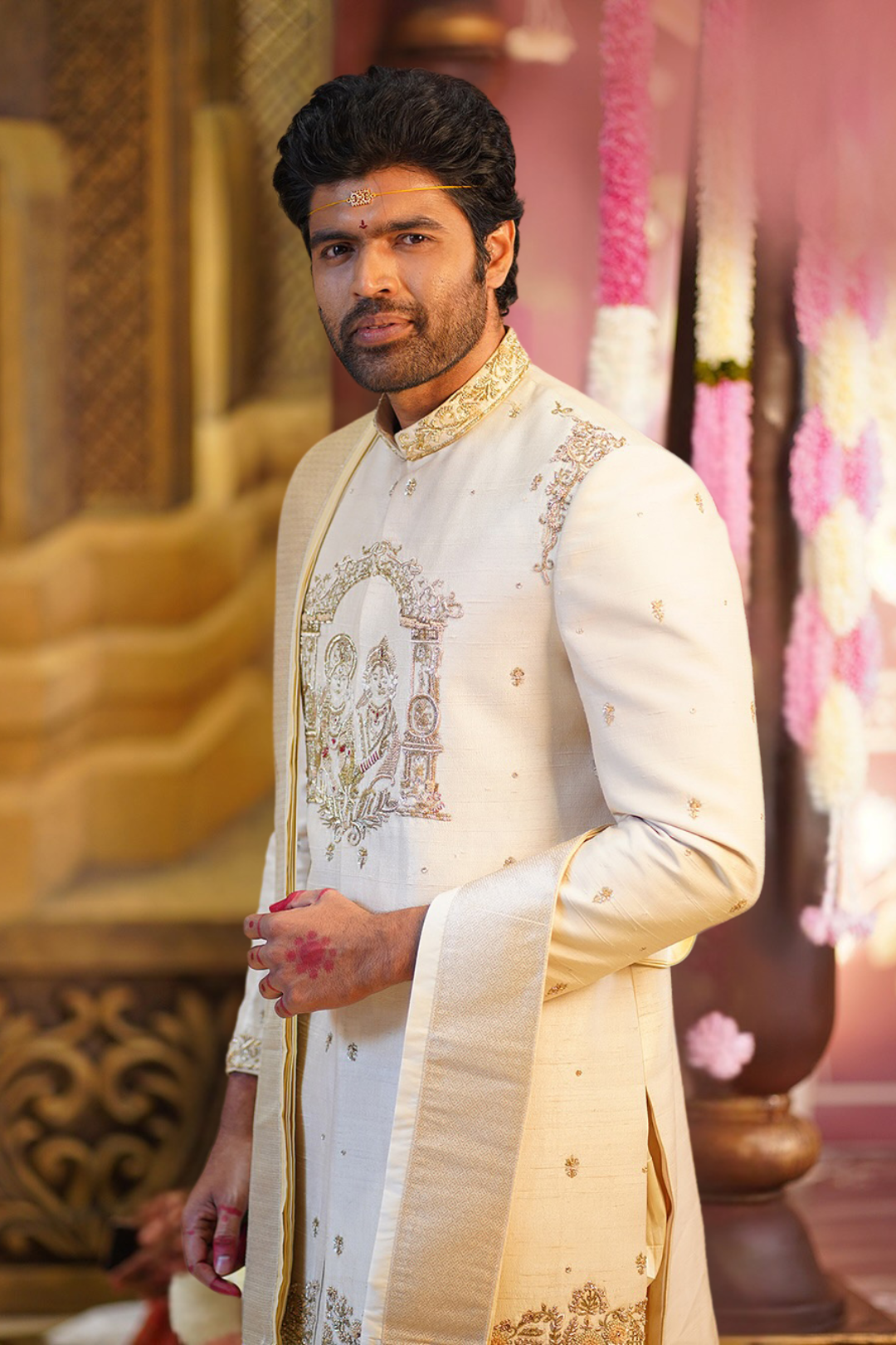 Ivory Men's Wedding Sherwani  with Sita Ram Embroidery