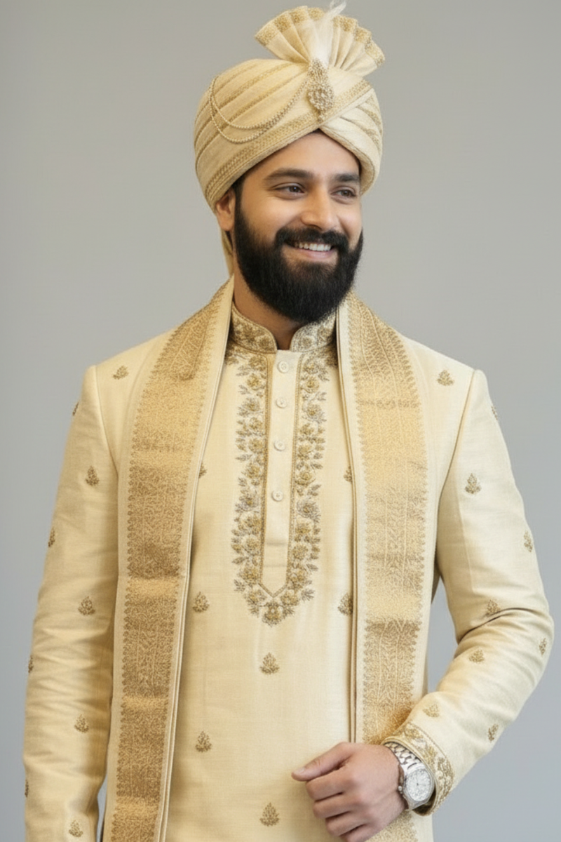 Ivory Pattu Pancha with Temple & Floral Zari Embroidery – Traditional South Indian Groom Wedding Wear