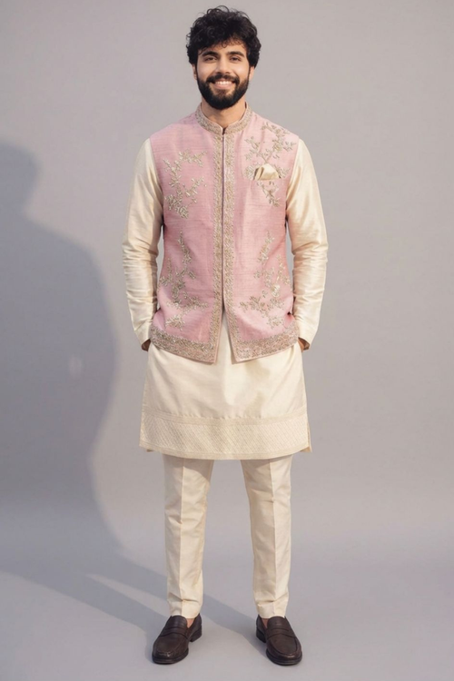 Blush Pink Embroidered Nehru Jacket Kurta Set for Men – Wedding & Festive Wear