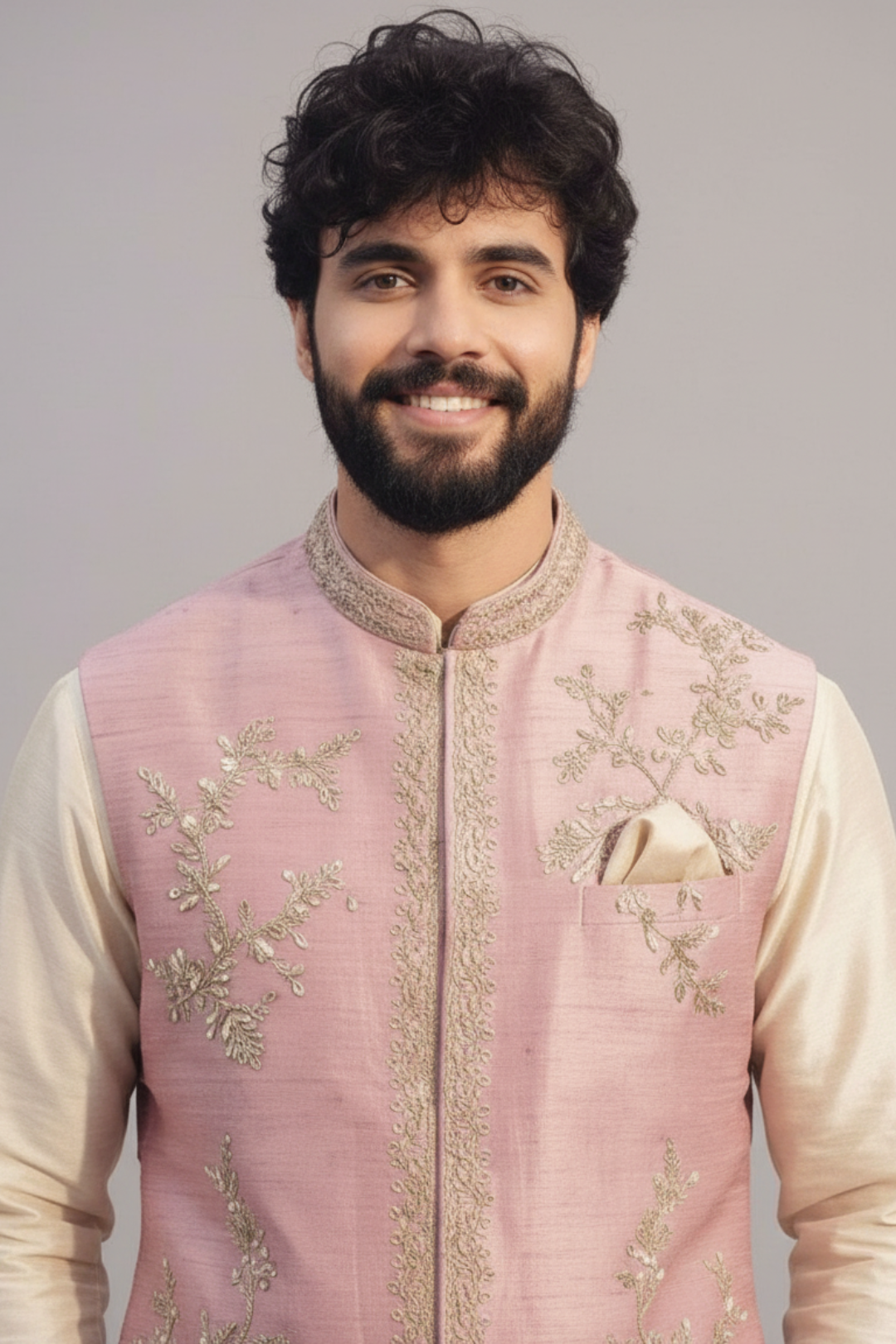 Blush Pink Embroidered Nehru Jacket Kurta Set for Men – Wedding & Festive Wear