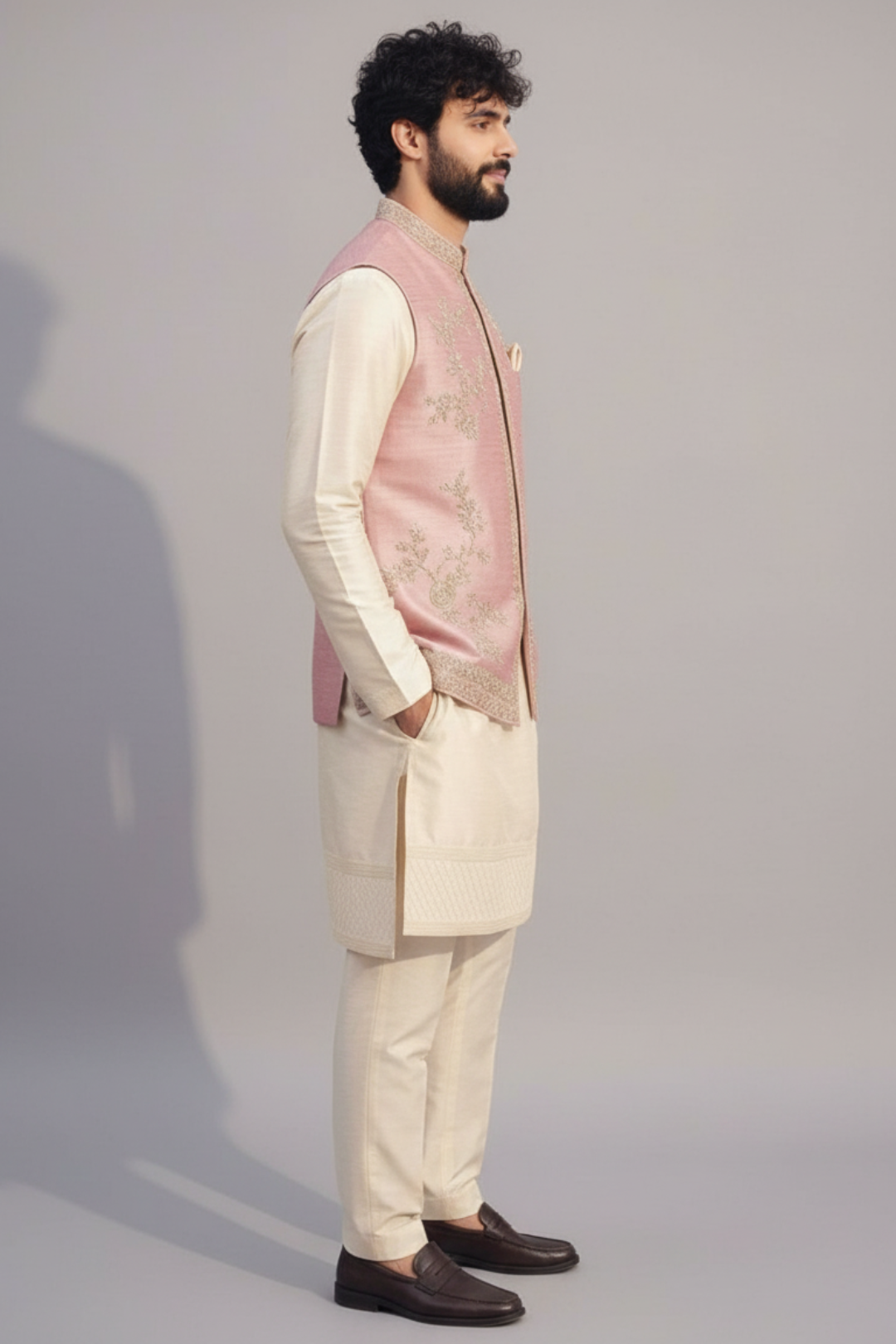 Blush Pink Embroidered Nehru Jacket Kurta Set for Men – Wedding & Festive Wear