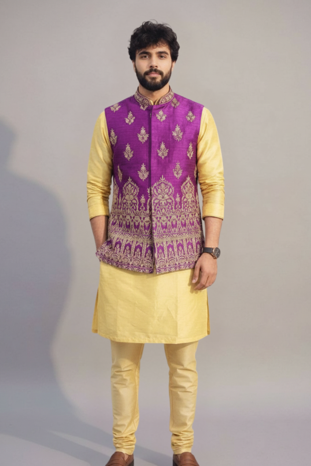 Purple Embroidered Nehru Jacket with Yellow Kurta Set for Men – Festive & Wedding Wear
