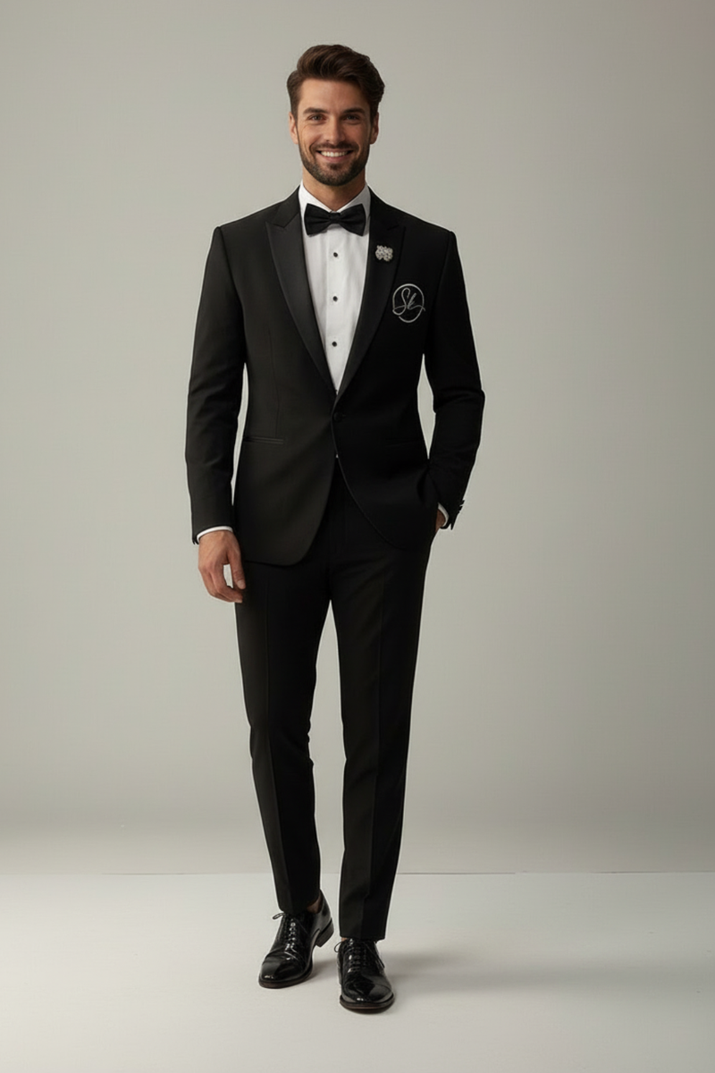 Classic Black Tuxedo Suit for Men with Satin Lapel Elegance